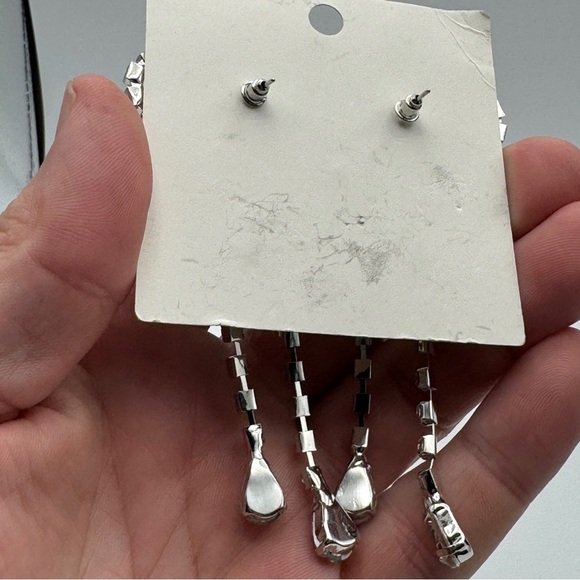 Rhinestone Bow Statement Earrings Silver Crystal Teardrop Dangle - Picture 2 of 4